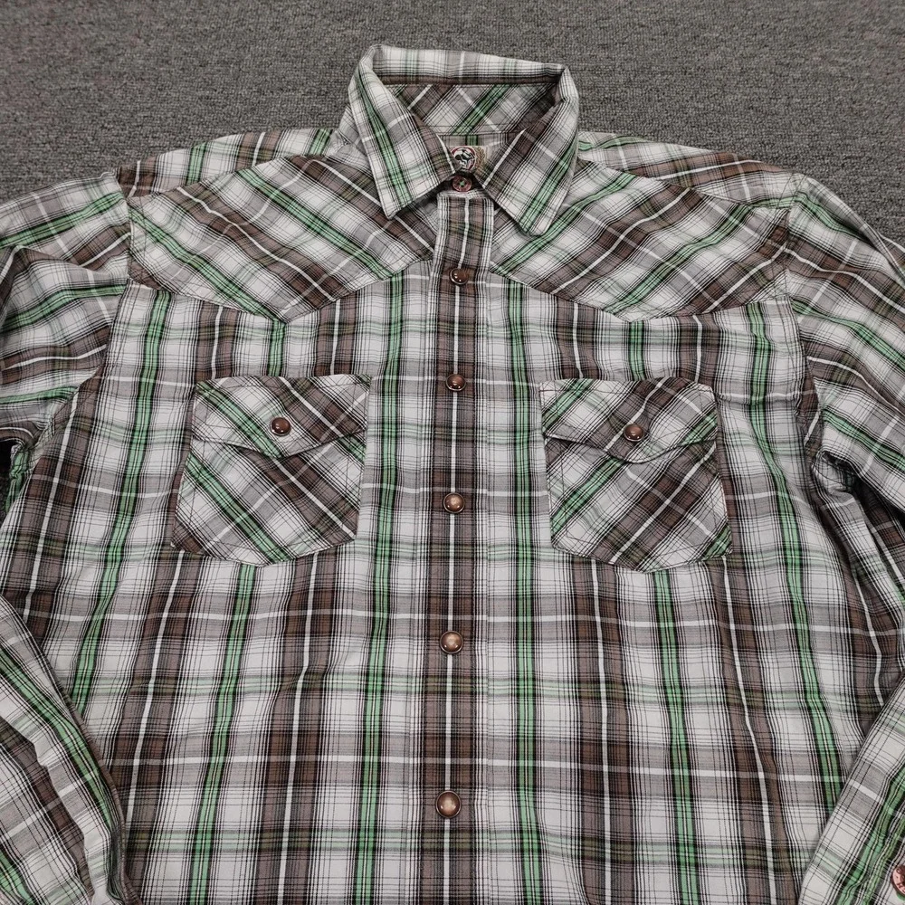 Cinch Shirt Boys Large Green Brown Plaid Long Sleeve Western Snap Cowboy Casual